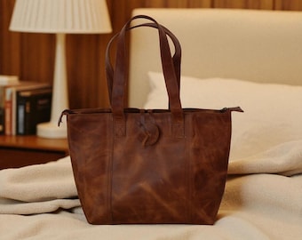Handmade Cowhide Leather Tote Bag, Large Work Shoulder Purse, Everyday Shopper Handbag