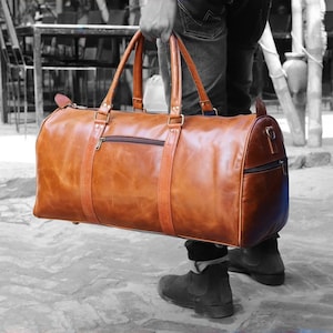 Sac de voyage en cuir pleine fleur fait main : sac de voyage brun