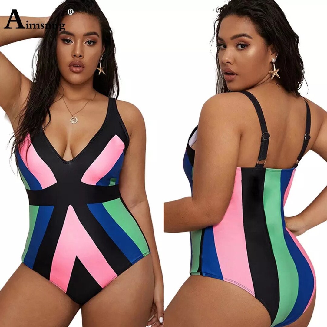 One Piece Color Block Black Pink Green Swimsuit - Etsy