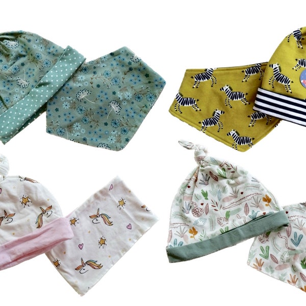 Ensemble col bandana et bonnet lutin pour bébé, aux motifs variés