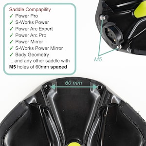 May include: A black bicycle saddle underside featuring two M5 mounting holes with 60mm spacing. Text lists compatibility with Power Pro, S-Works Power, Power Arc Expert, Power Arc Pro, Power Mirror, S-Works Power Mirror, and Body Geometry saddles.