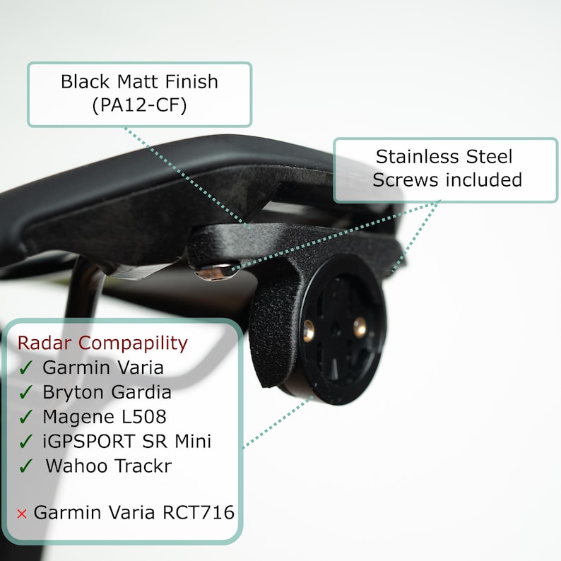 May include: A black matte finish bicycle saddle mount with stainless steel screws. Text indicates compatibility with Garmin Varia, Bryton Gardia, Magene L508, iGPSPORT SR Mini, and Wahoo Trackr, while noting it is not compatible with Garmin Varia RCT716.