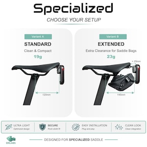 May include: A Specialized bicycle saddle mount system with two options: Variant A Standard at 19g with a 120mm reach, and Variant B Extended at 23g with a 145mm reach and 25mm extra clearance for saddle bags. Features include ultra light design, secure fit, easy installation, and clean integration.