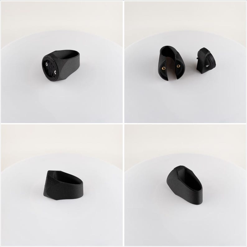 May include: Four views of black plastic bicycle accessories. The accessories include a circular mount with two screw holes, a curved bracket with two screw holes, and two other small, angled pieces. The items are displayed on a white surface.