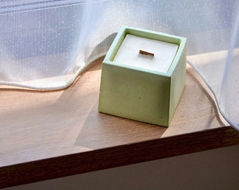 Green Jar Square Concrete Candle, Soy Wax Cement Candle, Green Home Decor, Refillable Pastel Crackling Candle Available In Different Scents