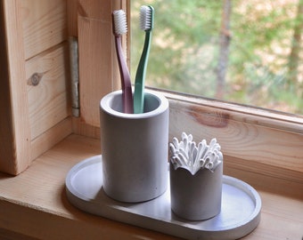 Concrete Bathroom Sink Accessory Set With Tray, Toothbrush Holder, Cotton Bud Holder, Bathroom Organizer, Cement Sink Storage Set Of Three
