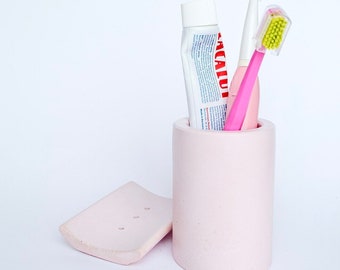 Ensemble de salle de bain porte-brosse à dents porte-savon, accessoires pour lavabo en béton, organiseur de bain pastel mignon, disponible en plusieurs couleurs pastel