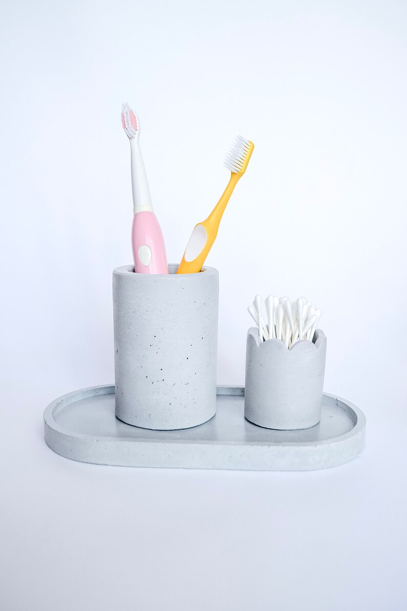 Concrete Bathroom Sink Accessory Set With Tray, Toothbrush Holder, Cotton Bud Holder, Bathroom Organizer, Cement Sink Storage Set Of Three