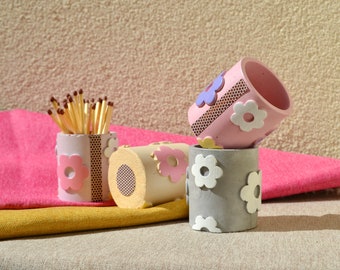 Colorful Petal Matchstick Pot With Striker, Long Matches Holder, Concrete Match Storage, Playful Candle Accessories, Cute & Girly Home Decor
