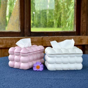 May include: Two rectangular tissue box covers with a raised bubble texture. One box is light pink and the other is white. Both feature a rectangular opening on top with white tissues protruding. A small purple flower sits between the two boxes.