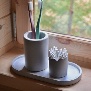 Concrete Bathroom Sink Accessory Set With Tray, Toothbrush Holder, Cotton Bud Holder, Bathroom Organizer, Cement Sink Storage Set Of Three