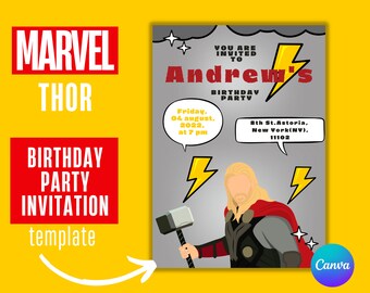Superhero Thor Birthday Party invitation, Editable and Downloadable invitation, Canva Template, Thor, Kids Party invitation