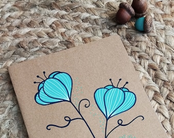 Notebook A5 "Blue Flowers" | Hand-illustrated kraft cover| 80 pages lined