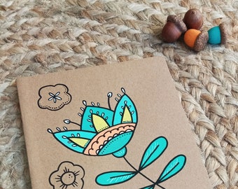 Notebook A5 "Green Flower" | Hand-illustrated kraft cover| 80 pages lined