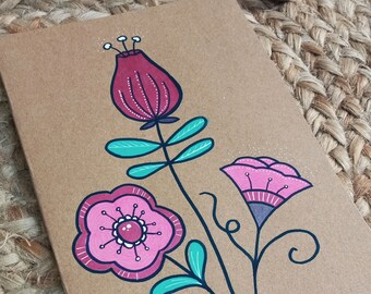 Notebook A5 "Pink Flowers" | Hand-illustrated kraft cover| 80 pages lined