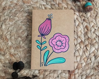 Notebook A6 "Pink Flowers" | Hand-illustrated kraft cover| 160 pages lined