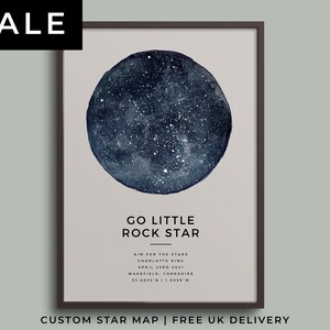 Go Little Rock Star, póster impreso de mapa del cielo personalizado, constelación personalizada, regalo de celebración para la graduación para marcar la fecha de finalización del logro