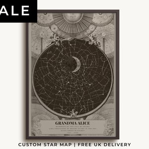 Einzigartige Hommage für geliebte Menschen, Antik Stil Sternenkarte, Himmel und Mond Phase am Datum des Vorbeigehens, Benutzerdefiniertes Vintage Memorial Wandkunst Geschenk