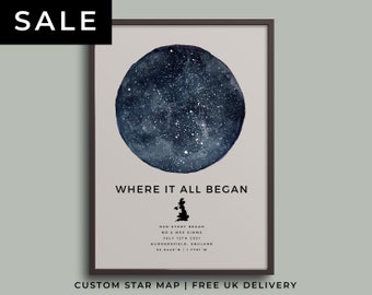 Country Where It All Began, Custom Star Sky Map Print, Bespoke Poster Wall Art Wedding, Engagement, Anniversary Gift with Date Time Place