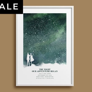 Sternenkarte in Aquarell, Als alles begann, Personalisiertes Druck Geschenk für Paare, Lebensabenteuer, Reisereise Flitterwochen, Erinnerungsgeschenk