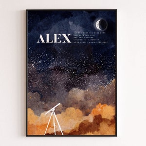 Nursery Wall Art Star Map Print, Faits sur mesure Nouveau cadeau de bébé, chambre moderne ciel étoilé quand vous êtes né, souvenir personnalisé de nouvelle affiche de bébé