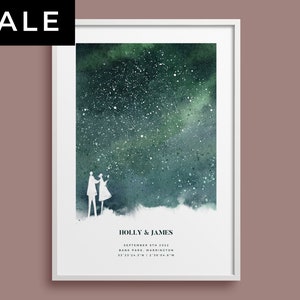 Carte à l’aquarelle d’étoile personnalisée - Cadeau de fiançailles pour couple heureux, représentation précise de la journée fiancée, tenture murale, mariage souvenir