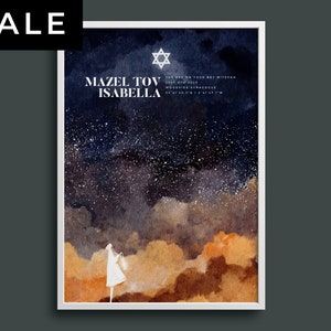 Impression personnalisée de la carte des étoiles Bat Mitzvah, célébrez votre passage à l’âge adulte avec un cadeau Mazel Tov unique, souvenir personnalisé du ciel étoilé avec étoile de David