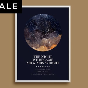 Impression personnalisée de carte des étoiles de mariage, capturez votre journée spéciale dans les étoiles, cadeau d’anniversaire unique pour les couples, décoration intérieure, nuit étoilée romantique