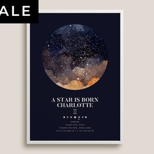 Personalisierte Geburtshimmel Karte Druck mit benutzerdefinierter Botschaft, Name Mondphase, A Star Is Born Print, Sternzeichen & Koordinaten KeepSake Geschenk Nichte, Kind
