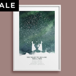 Mrs & Mrs, Star Map Print, Cadeau de mariage non binaire, LGBTQ + Gender Neutral Unisex Custom Art of Starry Sky of Special Day, Souvenir lesbien