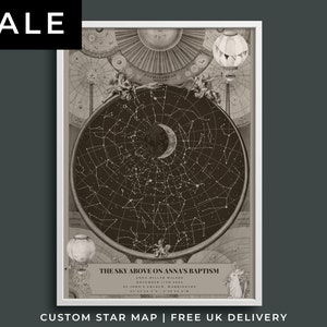 Personnalisé Baptême Day Sky Star Map Print Cadeau souvenir pour bébé garçon, filleul, filleule, filleule, impression vintage personnalisée avec détails de naissance