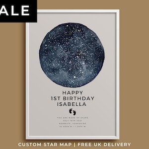 Carte des étoiles du 1er anniversaire, Cadeau d’anniversaire des garçons filles de l’emplacement, date et heure de la naissance du bébé, empreinte du ciel souvenir du nourrisson