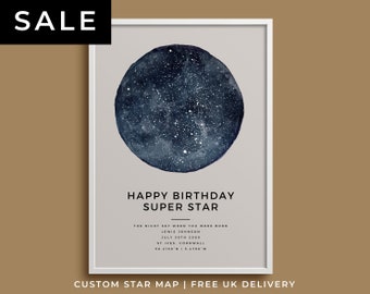 Birthday Bedroom Print, Custom Star Map Constellation Print Gift For Him/ Her, Sweet 16 Super Star, Teenage Birthday, Best Friend Birthday