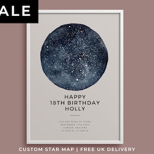 Cadeau du 18e anniversaire, impression personnalisée de la carte des étoiles, lieu du cadeau d’anniversaire de naissance, constellation du ciel à la date et à l’heure de naissance