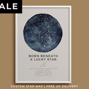 Regalo de mamás o papá, nacidos debajo de una estrella de la suerte, impresión personalizada de mapa estelar, constelación nocturna personalizada, regalo de nuevo papá para cumpleaños