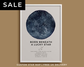 Mums or Dad Gift, Born Beneath A Luck Star, Custom Star Map Print, Personalised Night Constellation, New Dad Gift For Birthday