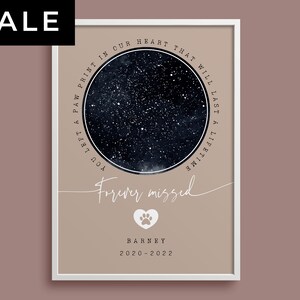 Impressão do mapa da estrela do Memorial do animal de estimação para sempre perdido, lembrança de luto personalizada, nome da data do céu personalizado, pôster de poema de animal amado de luto