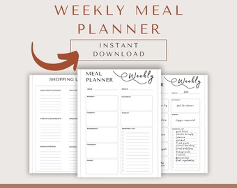 May include: A printable weekly meal planner template with a shopping list. The template has a black and white design with a brown border. The text "Weekly" is written in cursive at the top of the page. The text "Bonus XL Shopping List Included" is at the bottom of the page.