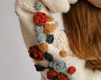 Handmade Knit Cardigan, Chunky Embroidered Cardigan, Cropped Cardigan, Wool Cardigan, Flower Cardigan, Embroidered Sweater, Summer Cardigan