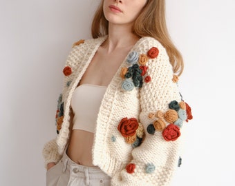 Handmade Knit Cardigan Chunky Embroidered Cardigan Cropped ...