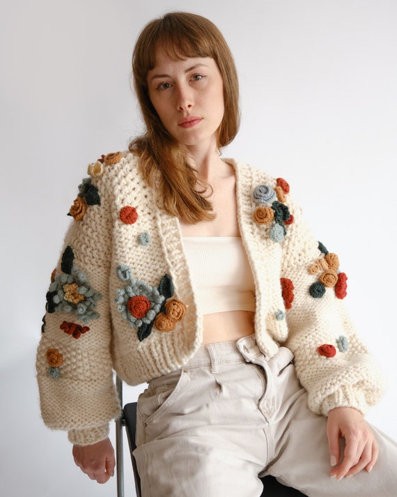 Handmade Knit Cardigan Chunky Embroidered Cardigan Crop - Etsy