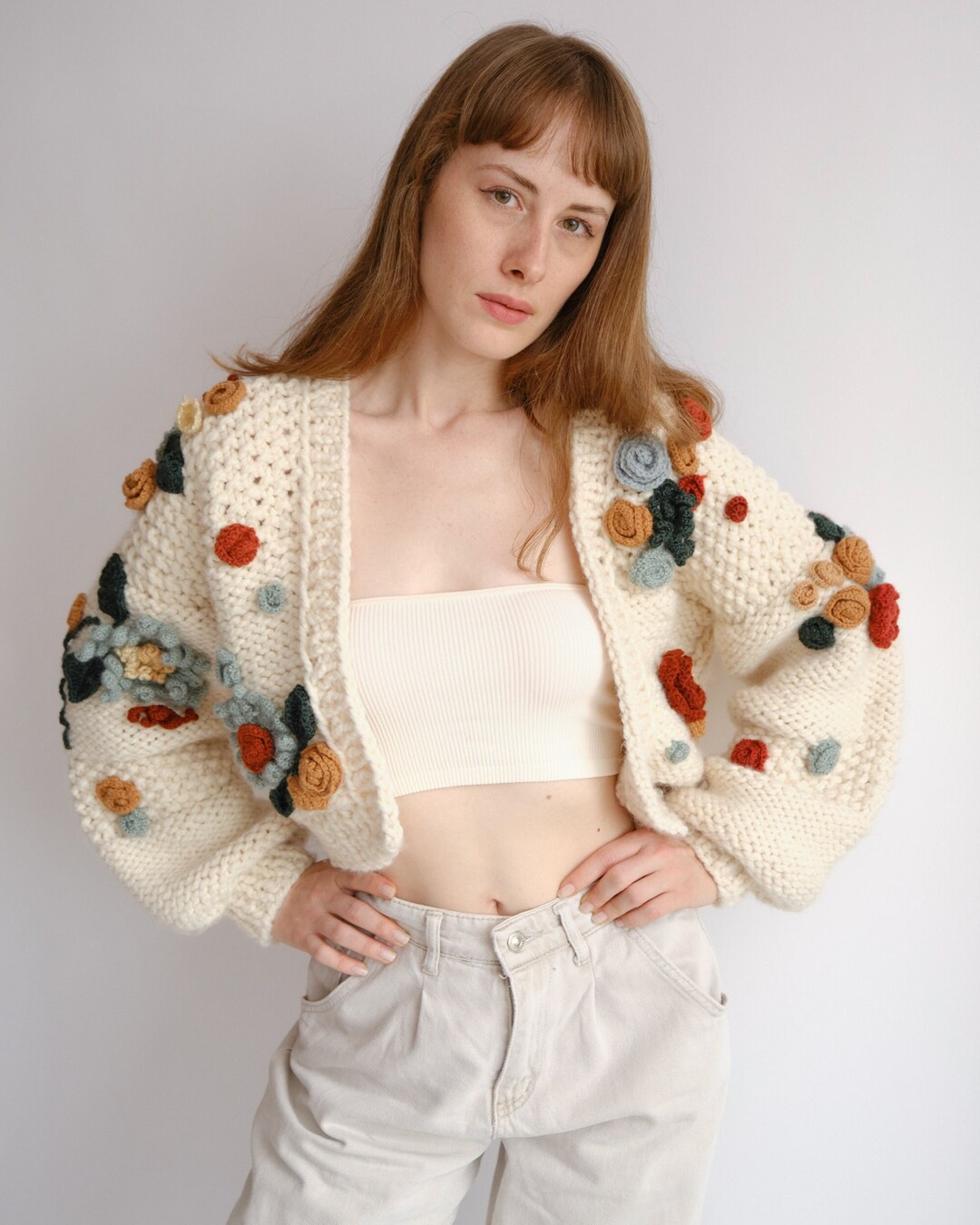 Handmade Knit Cardigan Chunky Embroidered Cardigan Cropped ...