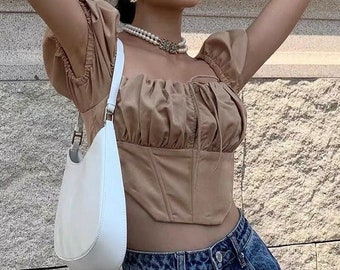 Elegante Dames Puff Korte Mouwen Crop Top - Katoenen Blouse met Vierkante Hals | Elegant basismodestuk