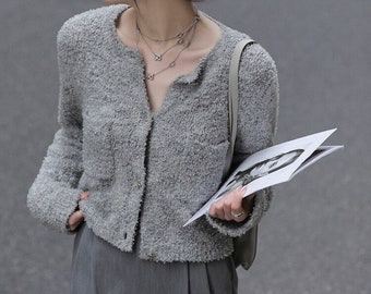 Women Scoop Neck Knitted Cardigan in grey | Elegant Versatile High Quality Cardigan Tops Jacket