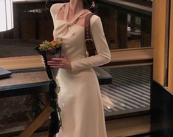 Long Sleeve Midi Dress by Daisy Clothing - Knitted Cotton Occasion Wedding Dress | Chic Cross Front Halter Neck, Midi Length | Basic Fashion