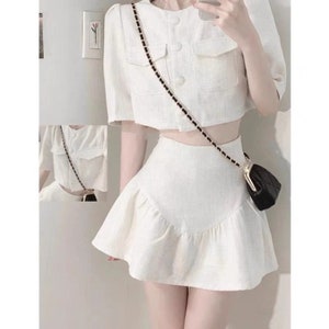 Two Piece Set | Puff Short Sleeves Round Neck Cropped Blazer Top w/ Buttons & Peasant Mini Skirt | Casual Elegant Fashion