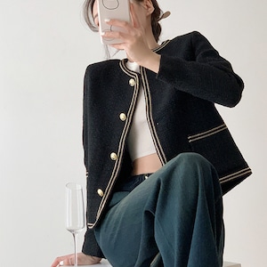 Women Black Elegant Boucle Tweed Blazer Jacket - Trendy Vintage Style Outfit| High Quality Superior Jacket