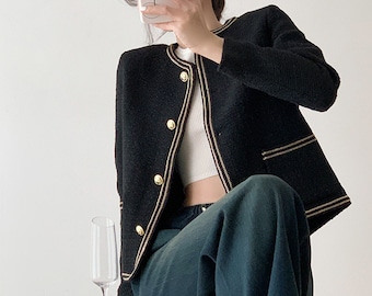 Veste Blazer Tweed Boucle Élégant Noir Femme - Tenue Style Vintage Tendance | Veste supérieure de haute qualité