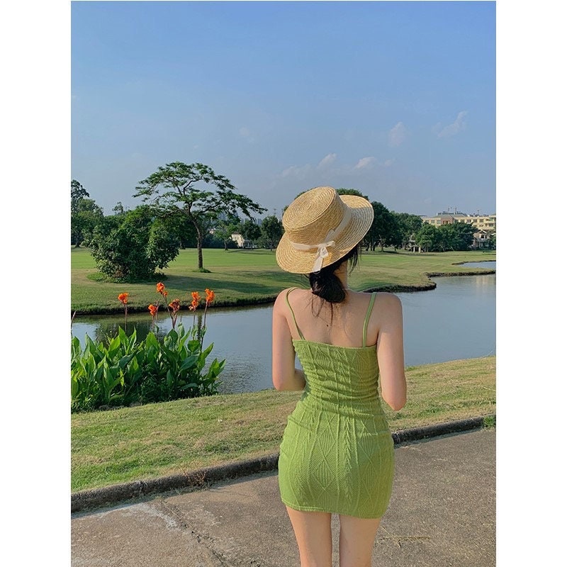 Elamini Summer Vintage Green Casual Women V-Neck Halter Boho Waist Cinched Sheer  | ChicGrl