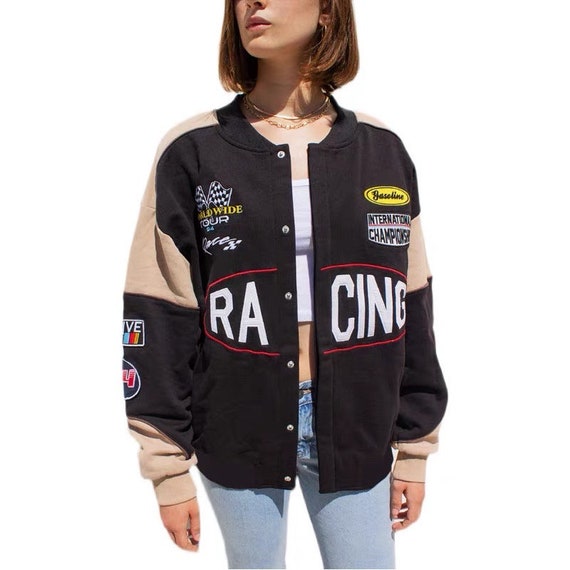 Womens Oversized Y2K Bomber Jacket Casual Boyfriend Baseball Jacket  Harajuku Long Sleeve Varsity Jacket Streetwear Coat 